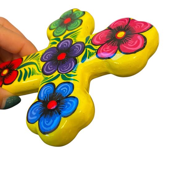 Ceramic CROSS Yellow Colorful High Gloss with Flowers Mexican Folk Wall Art 7" - Picture 9 of 11